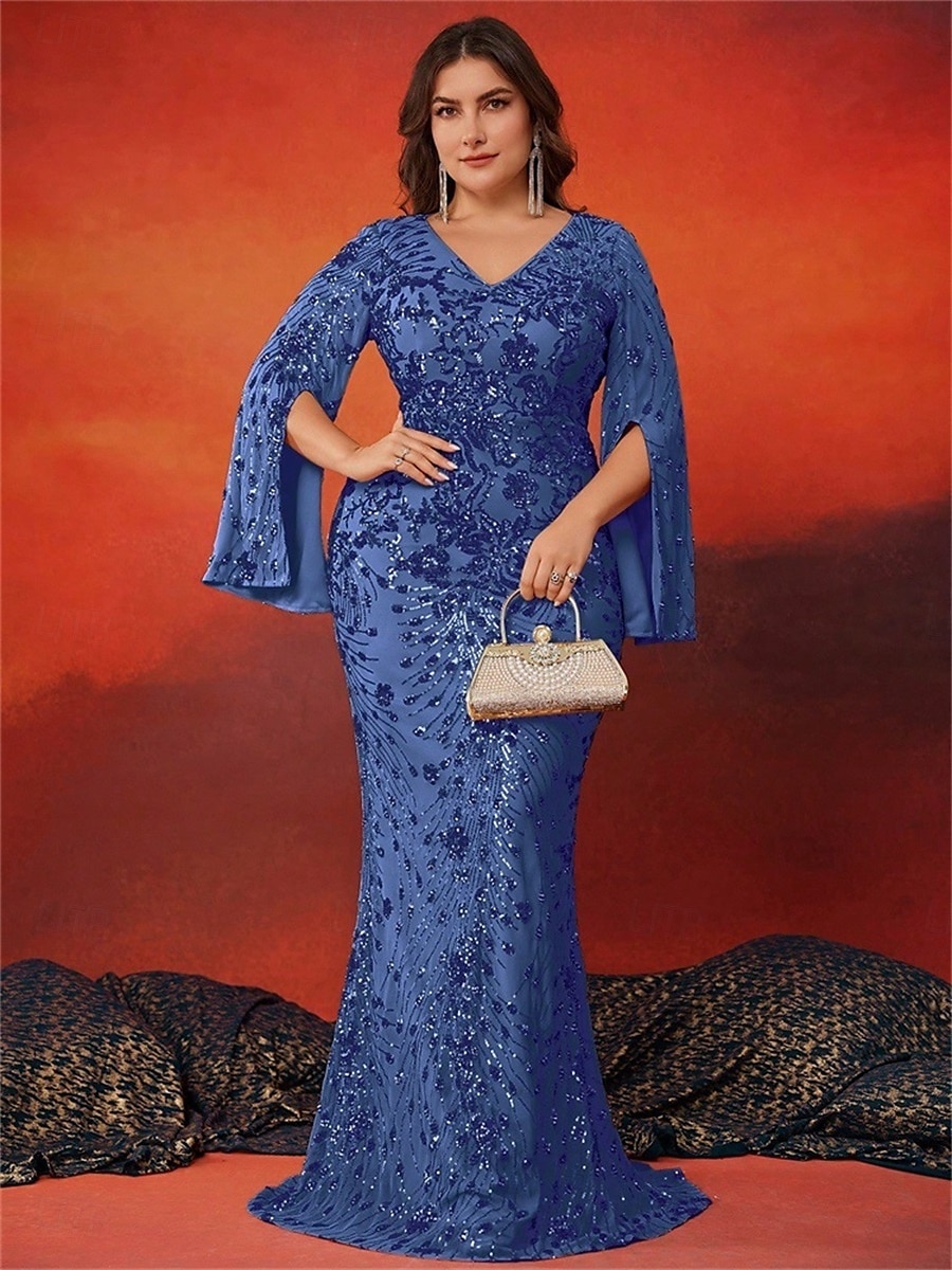 Abiti Plus Size Sirena  Tromba Elegante Abito Curvilineo Formale Matrimonio Lunghezza Piena a Manica Lunga con Scollatura a V in Paillettes con Paillettes del 2025 a $159.99 –P14