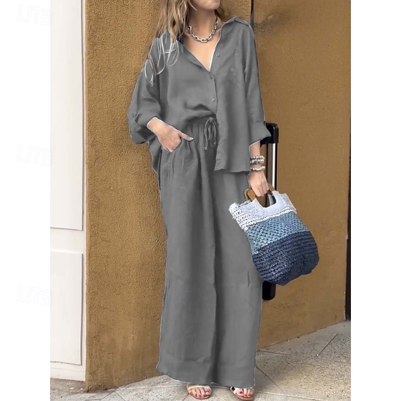 Pentru femei Modă Șic Stradă Seturi de lenjerie de bumbac Seturi de pantaloni Manșon Lung Guler Cămașă Simplu Purtare Zilnică Dată Albastru Marin Închis Trifoi Gri Vară Fit regulat 2025 - $40.99 –P5