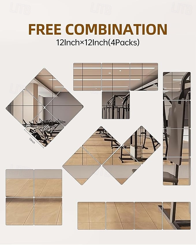 4-pak szklanych płytek lustrzanych ściennych 12" x 12" bezramowe lustro na całą długość montowane na ścianie lustra do sypialni, domu, siłowni, drzwi, łazienki 2026 - $25.99 –P1