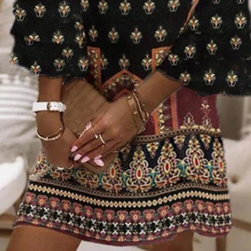 Pentru femei Rochie Mini Rochie casual Rochie de vară Rochie Boho Modă În aer liber Petrecere Concediu Fit regulat Floare Manșon Lung În V Negru Vară Primăvară 2025 - $24.99 –P3