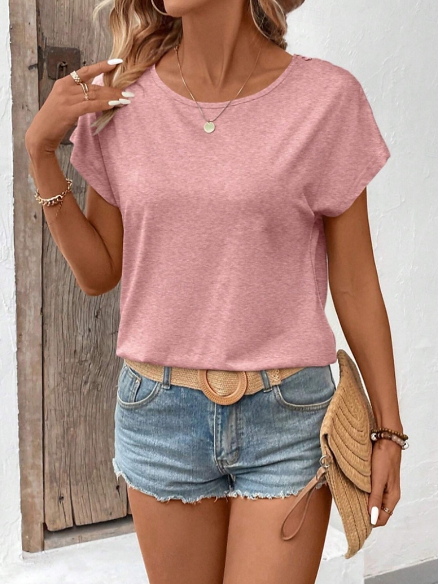 Damen T-Shirt Einfarbig Einfach Mode Modern Lässig Kurzarm Rundhalsausschnitt Regulär Oberteile Täglich Wochenende Spitze Patchwork Schwarz Weiß Pink Khaki Sommer 2025 - $18.99 –P2