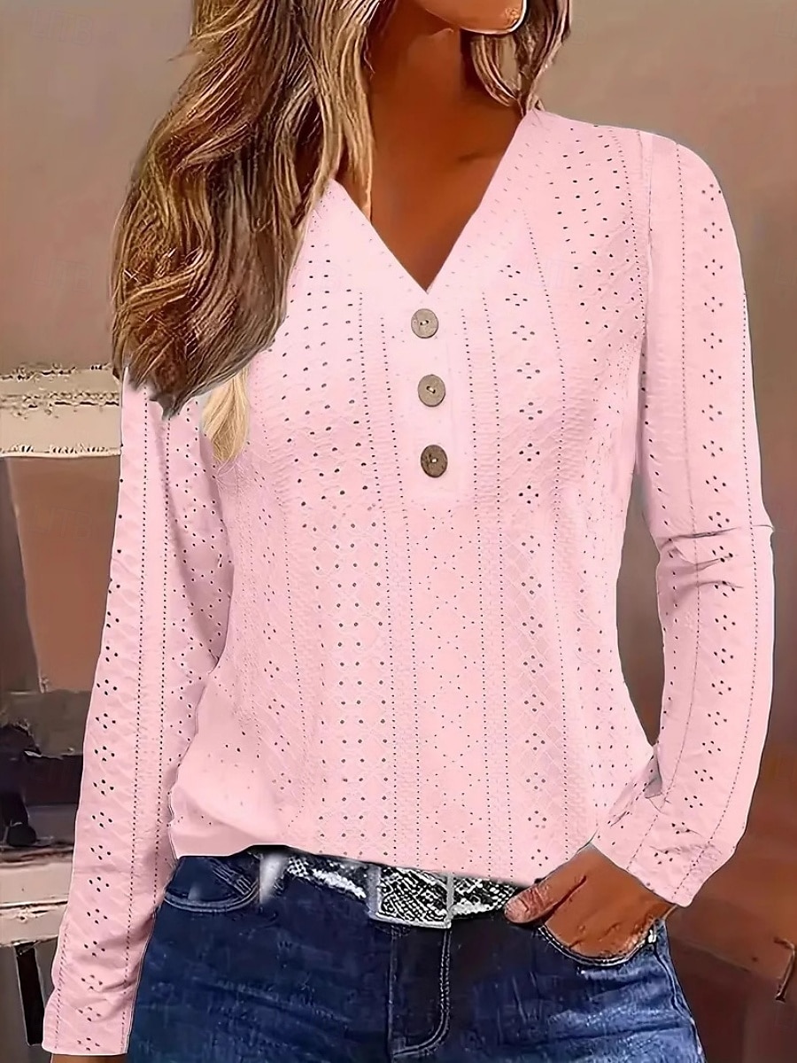 Femmes Chemisier Couleur Unie ancien Tropical Élégant manche longue Col en V Hauts Réguliers Quotidien Boutons Œillet Blanche Jaune Rose Claire Bleu Été de 2025 ? $18.99 –P4