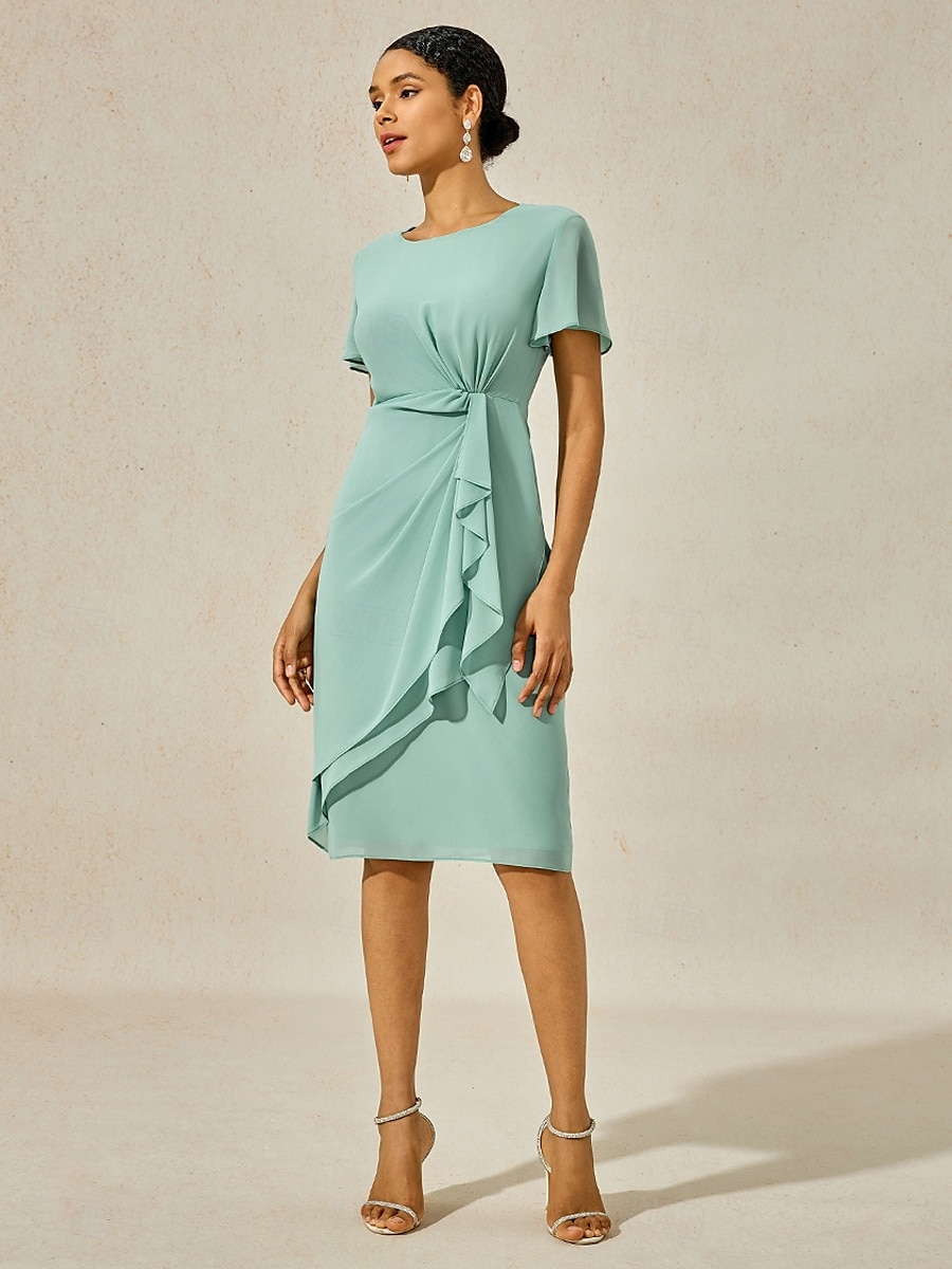 Women's Wedding Guest Cocktail Dress Chiffon Twisted Knot Elegant Formal Layered Midi Dress Crew Neck Short Sleeve Butterfly Sleeve Dark Blue Color 2025 - $49.99 –P2
