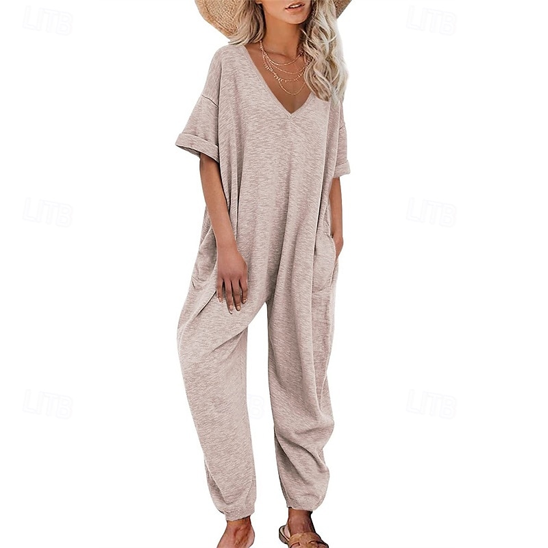 Női Szabályos Jumpsuitek Stílusos Tömör szín Féhosszú Háremnadrág V-alakú Zseb Utca Napi Normál Fekete Sárga Arcpír rózsaszín Nyár 2025 - $27.99 –P9