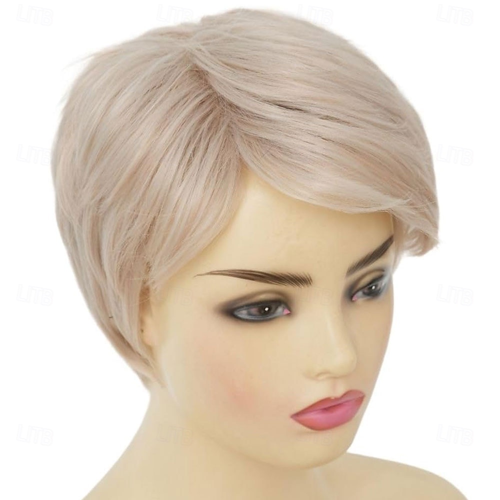 Parrucca da donna corta, bionda, bianca, con taglio pixie, liscia, riga laterale, a strati, in fibra sintetica, ispida, per vecchie signore, per uso quotidiano del 2025 a $25.99 –P5
