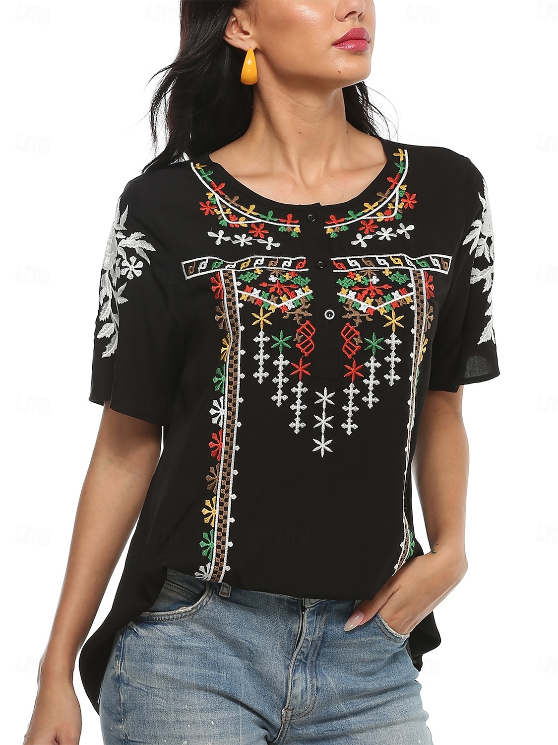 Dame Boho skjorte Blomstret Fritid Kortermet 3/4-ermer Crew-hals Vanlige topper Arbeid Daglig Ut på byen Broderi Svart Sommer 2025 - $23.99 –P1