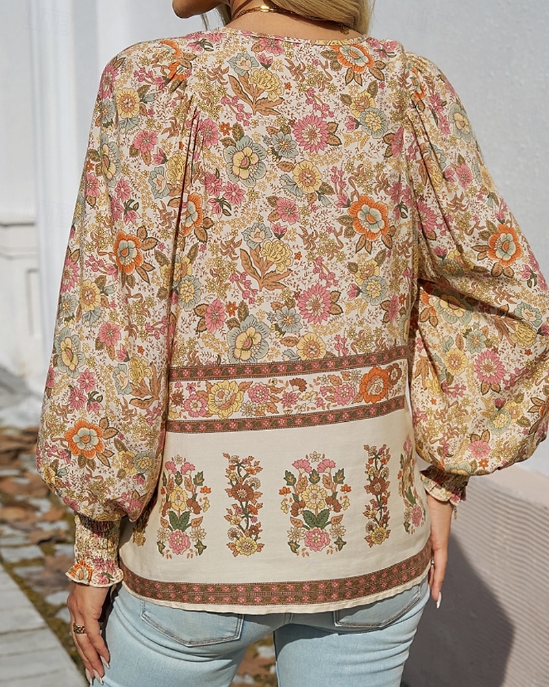 Women's Boho Shirt Blouse Flower Modern Boho Long Sleeve V Neck Regular Tops Daily Going out Print Yellow Pink Navy Blue Blue Orange Summer 2025 - $22.99 –P20