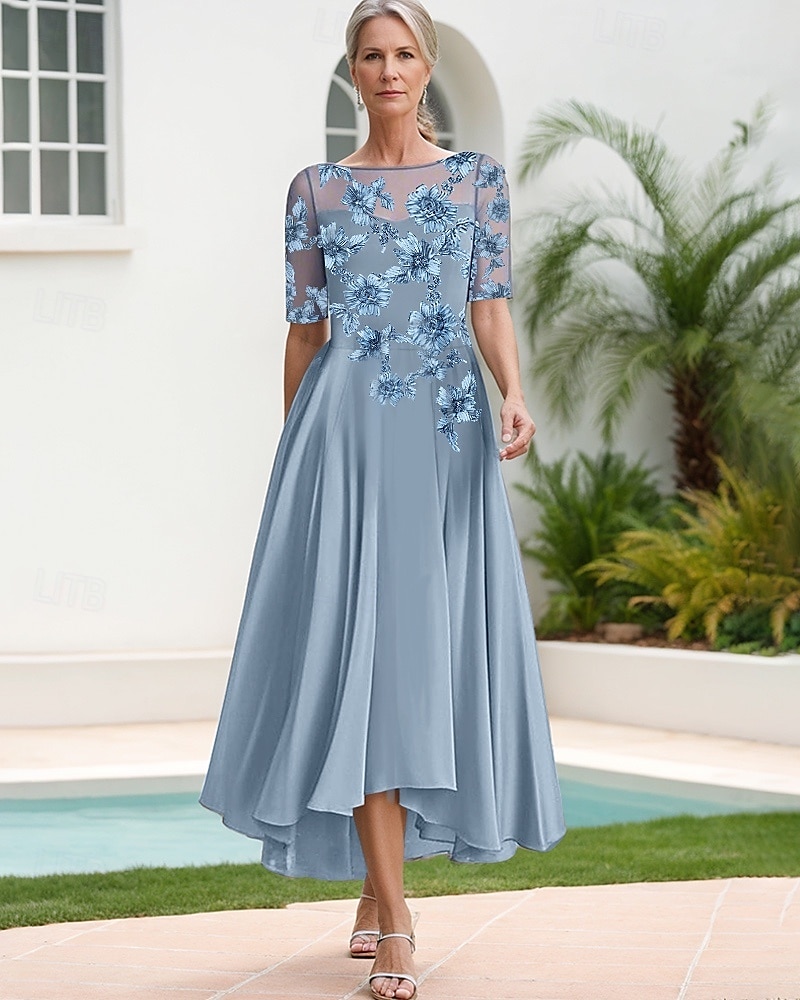 Blauwe A-Lijn Bloem Geborduurde Kant Moeder van de Bruid Jurk Elegant Simpel Luxe Boot Nek Vloerlengte Maxi Lengte Satijn Kant Halve Mouw 2025 - $145.99 –P1