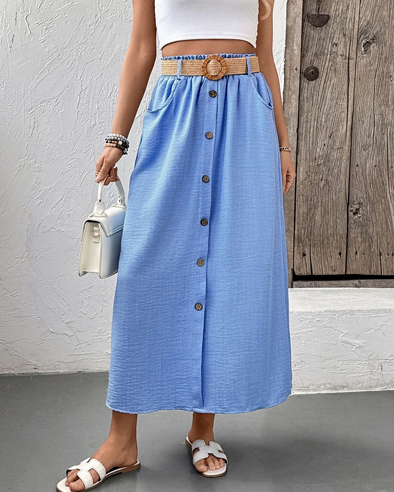 Dam Kjol Ledigt Midi Mellanhög midja Kjolar Slät Ficka Microelastisk Semester Gata Blå Sommar Polyester 2025 - $21.99 –P3