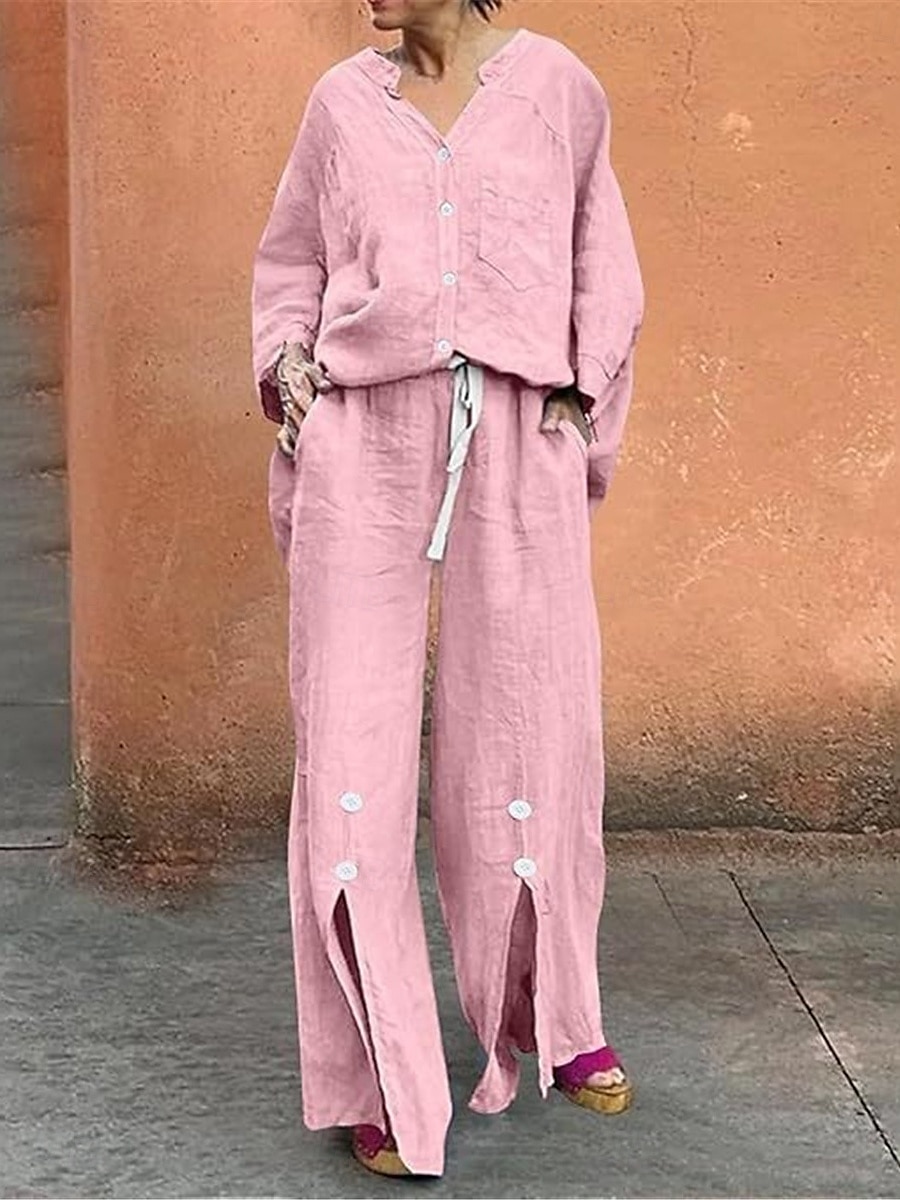 Femmes Actif Basique Ensembles en coton et lin manche longue Col en V Couleur Unie Décontracté Quotidien Noir Blanche Jaune Été Coupe régulière de 2025 ? $28.99 –P2