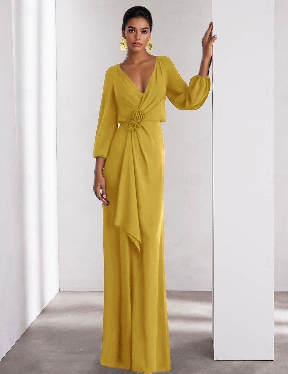 Linea ad A Abito da Sera Elegante Vestito Formale Matrimonio Lunghezza al pavimento Manica Lunga Scollo a V Crepe Elasticizzato con Volant 2025 del 2025 a $137.99 –P4