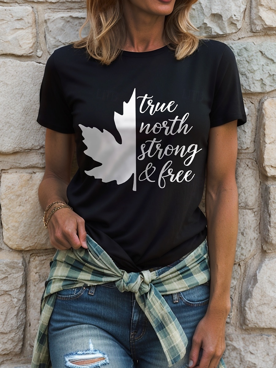 Canada Kvinners T-skjorte grafisk flagg bokstav vintage stilfull avslappet kort erme crew-hals rund hals vanlige topper daglig helg trykk svart og hvit hvit svart svart hvit rød 2025 - $19.99 –P8