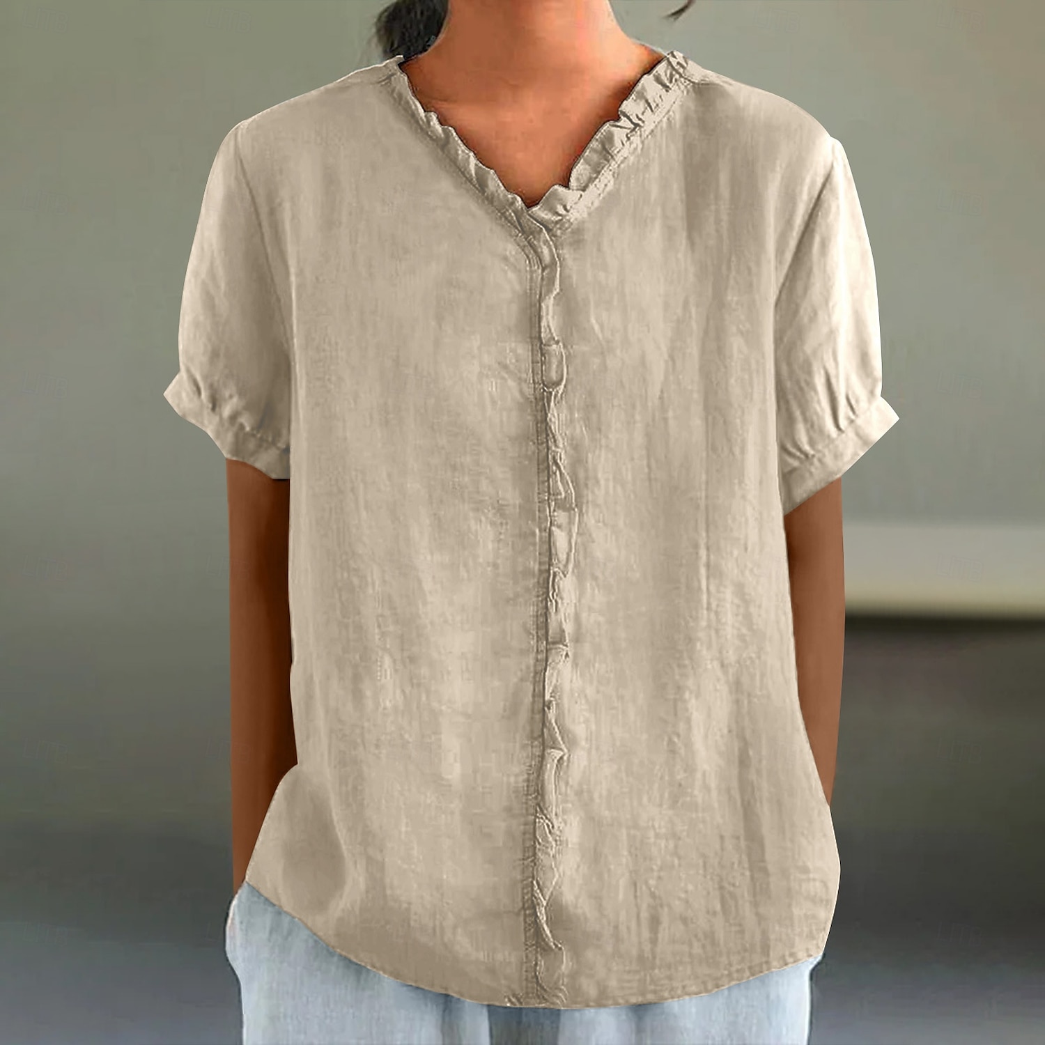 Chemisier en coton et lin pour femme, couleur unie, élégant, décontracté, manches courtes, col en V, régulier, quotidien, vacances, plissé, noir, blanc, rose, violet, vert, été de 2025 ? $23.99 –P1