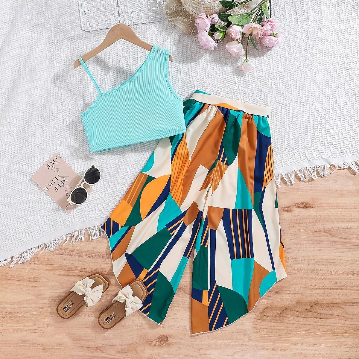 2 Pieces Kids Girls' Color Block Off Shoulder Tank & Pants Set Sleeveless Daily School 7-13 Years Summer Blue 2026 - $24.99 –P2