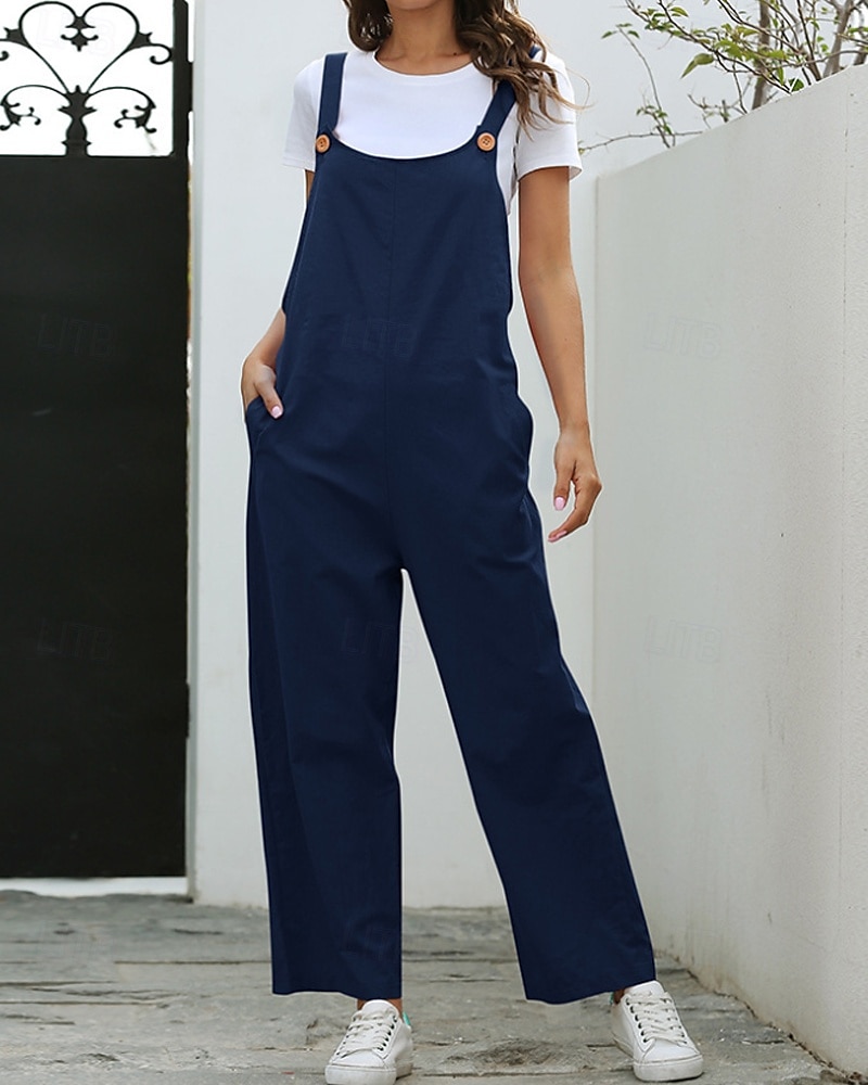Femmes Normal Pantalon en coton et lin Basique Couleur Unie Sans manches Col en U Avec Poches Rue Sortir Coupe régulière Noir Blanche bleu marine Été de 2025 ? $29.99 –P6