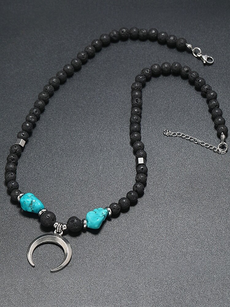 Men's Lava Rock Beaded Necklace with Turquoise and Crescent Moon Pendant - Boho Style, Adjustable Length, Unisex for Casual Wear, Outdoor and Daily Use 2025 - $9.99 –P4