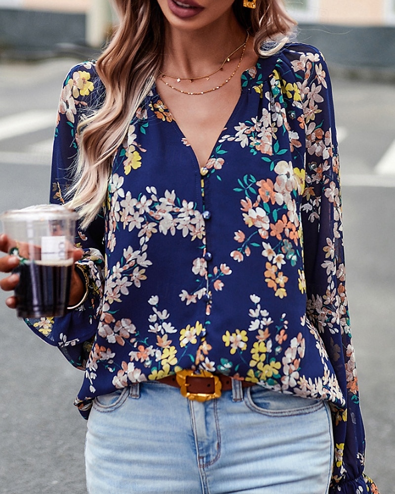 Femmes Chemise Bohème Chemisier Fleur Moderne Boho manche longue Col en V Hauts Réguliers Quotidien Sortir Imprimé Noir bleu marine Bleu Abricot Été de 2025 ? $26.99 –P2
