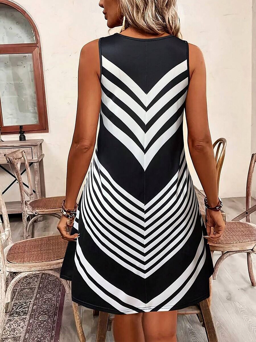 Pentru femei Rochie Mini Rochie de Vară Rochie A line Rochie de vară Vacanță Casual Fit regulat Grafic Geometric Dunga Fără manșon În U Negru și Alb Albastru piscină Kaki Vară Primăvară 2025 - $21.99 –P2