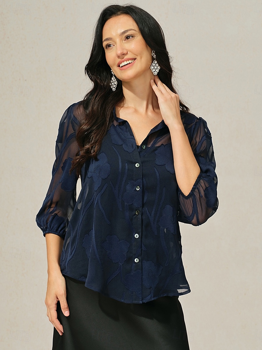 camicetta da donna con bottoni e canotta floreale elegante vintage alla moda mezza manica scollo a V top normali lavoro vacanza per uscire bottoni occhiello blu navy estate primavera autunno del 2025 a $59.99 –P1