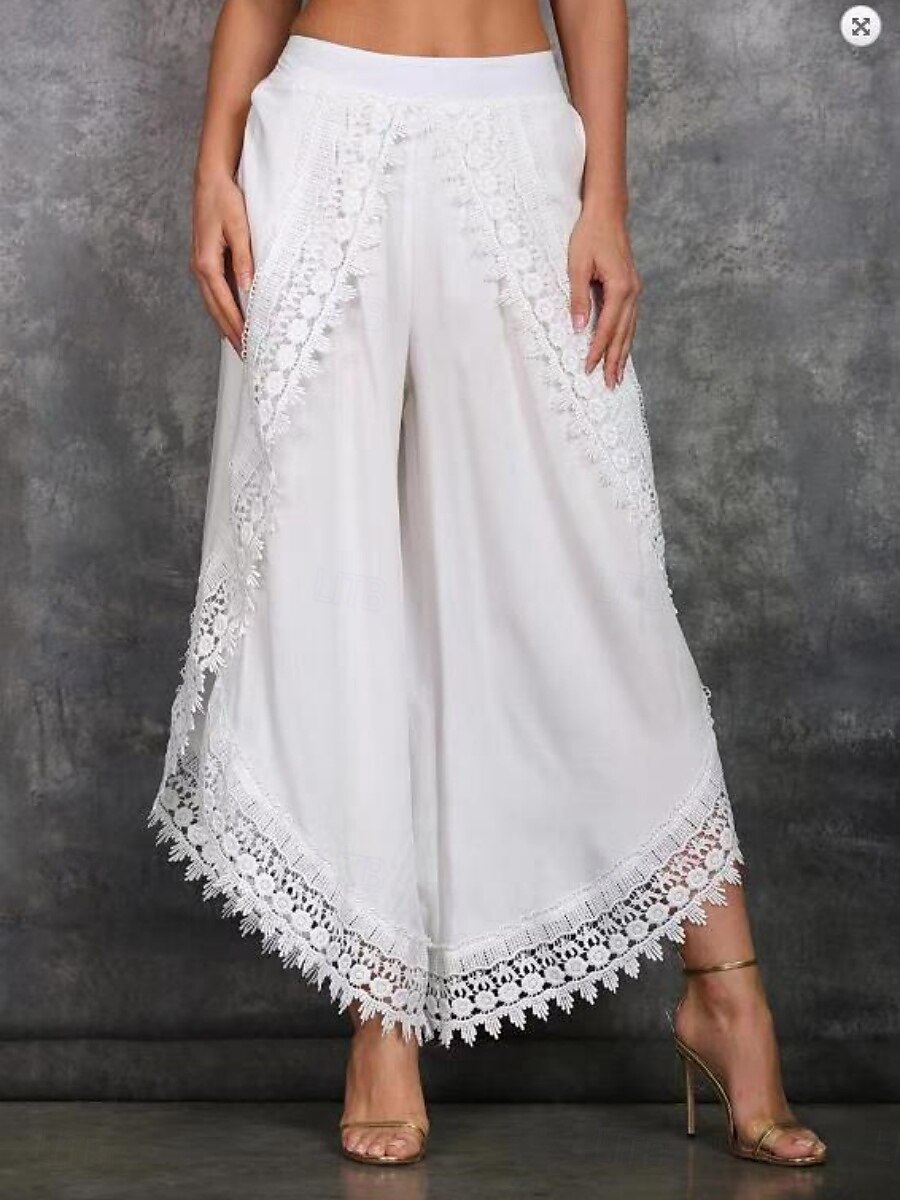 Per donna Gamba larga Chinos Vacanza Vintage Essenziale Lunghezza intera Vita Alta Semplice Pizzo Fascia Elastica Comodo Morbido Confortevole Micro-elastico All'aperto Vacanza Streetwear Nero Bianco del 2025 a $24.99 –P5