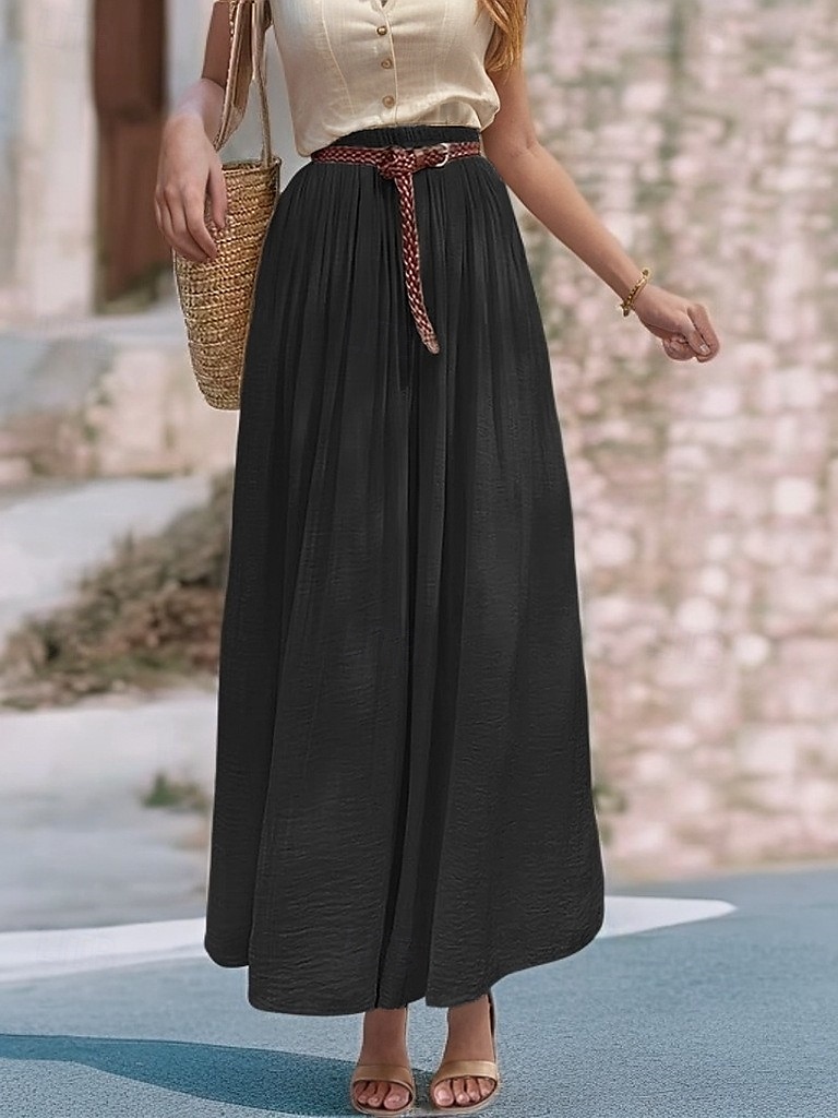 Damen Asiatische Größe Schwingend Leinenröcke Elegant Lässig Midi Hohe Taille Röcke Einfarbig Gerafft Plissiert Fließend Mikroelastisch Urlaub Täglich Wein Schwarz Weiß Rosa Frühling, Herbst, Winter 2025 - $32.99 –P16
