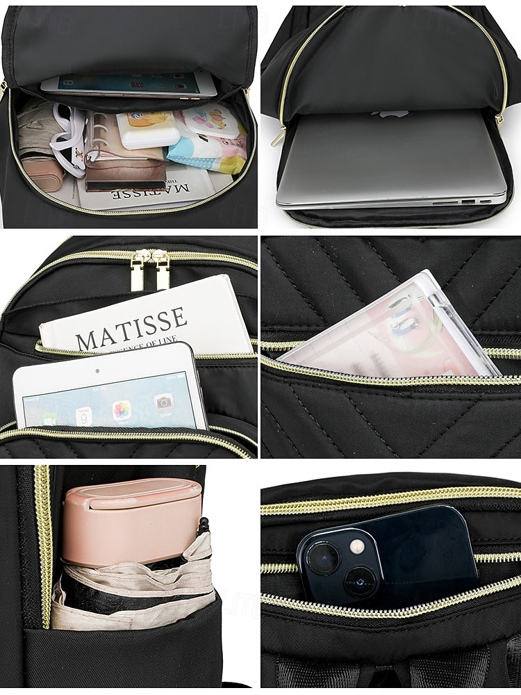 wasserabweisender Damen-Reiserucksack aus Nylon mit gesteppter Fronttasche, goldenen Reißverschlüssen und Gepäckgurt für Business-, Schul- und Wochenendausflüge 2026 - $32.99 –P8