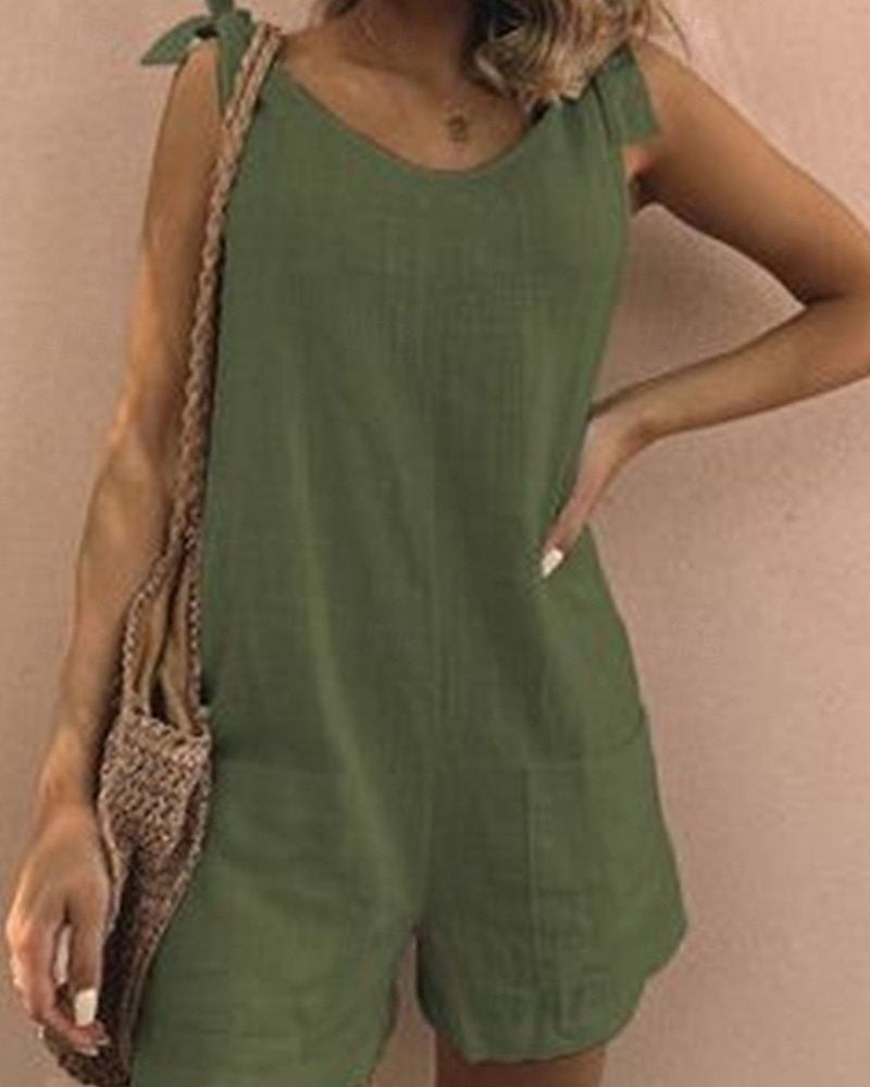 Women's Normal Cotton Linen Pants Streetwear Solid Color Sleeveless V Neck Pocket Street Daily Regular Fit White Yellow Army Green Summer 2025 - $26.99 –P1