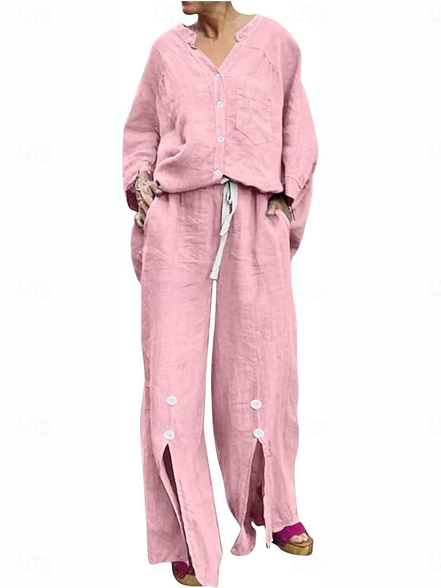 Femmes Actif Basique Ensembles en coton et lin manche longue Col en V Couleur Unie Décontracté Quotidien Noir Blanche Jaune Été Coupe régulière de 2025 ? $28.99 –P1