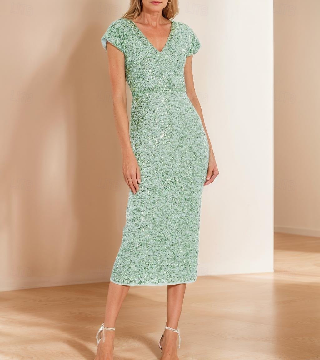 Robe fourreau/colonne en dentelle à paillettes vert bleu pour mère de la mariée, élégante, simple et luxueuse, col en V, longueur thé, longueur midi, tulle, manches courtes, 2025 de 2025 ? $149.99 –P1