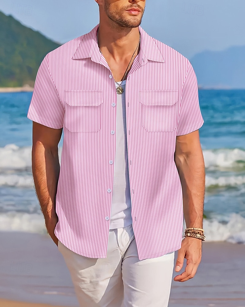 Herren Hemd Sommerhemd Freizeithemd Strandhemd Knopfhemd Rosa Wein Blau Grün Dunkel Blau Kurzarm Streifen Revers Urlaub Hawaiianisch Fronttasche Bekleidung Baumwollmischung Mode Lässig Bequem 2025 - $17.99 –P4