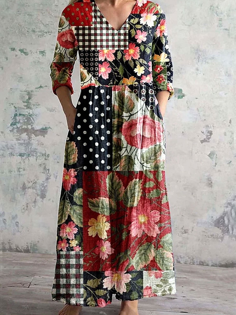 Femmes Robe Midi Robe trapèze Robe d'été Élégant Bohème Ethnique Coupe Ample Fleuri Graphique Manche 3/4 Col en V Jaune Rouge Kaki Été de 2025 ? $35.99 –P2