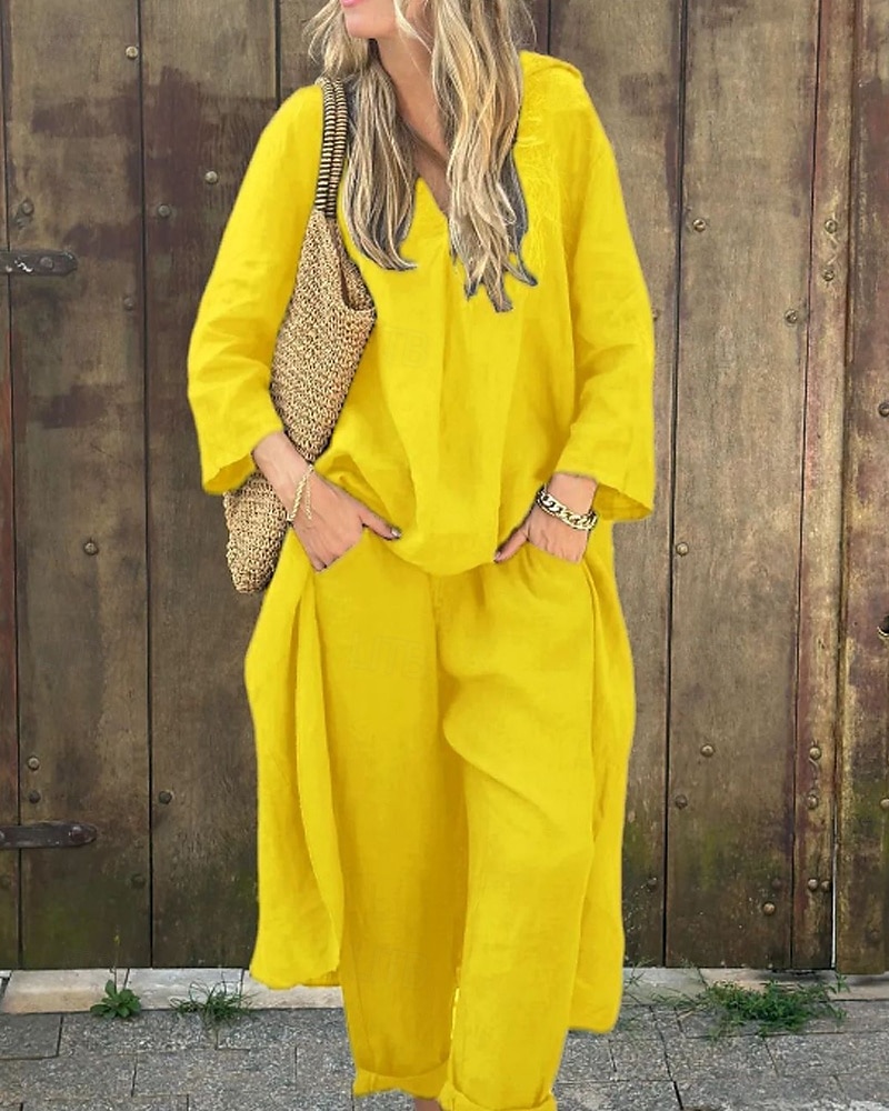 Femmes Actif Chemises en coton et lin Chemisier Ensembles de Pantalons manche longue Col en V Couleur Unie Fête Week-end Noir Blanche Jaune Été Coupe régulière de 2025 ? $37.99 –P2