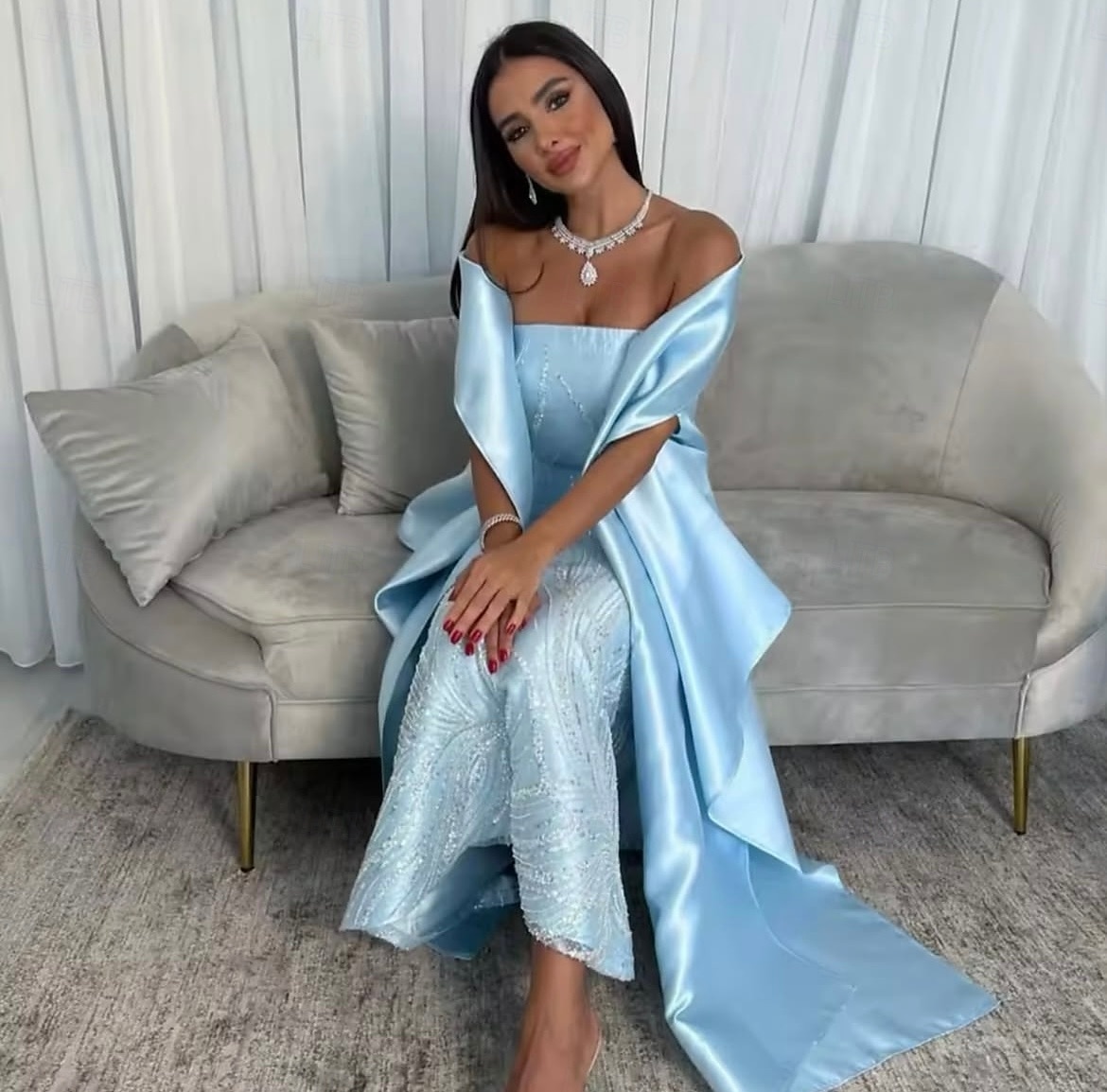 Sky Blue Beaded Gown Cape Dress Sheath / Column Evening Gown Elegant Dress Semi Formal Wedding Wedding Guest Dress Floor Length Sleeveless Strapless Satin 2025 - $155.99 –P2