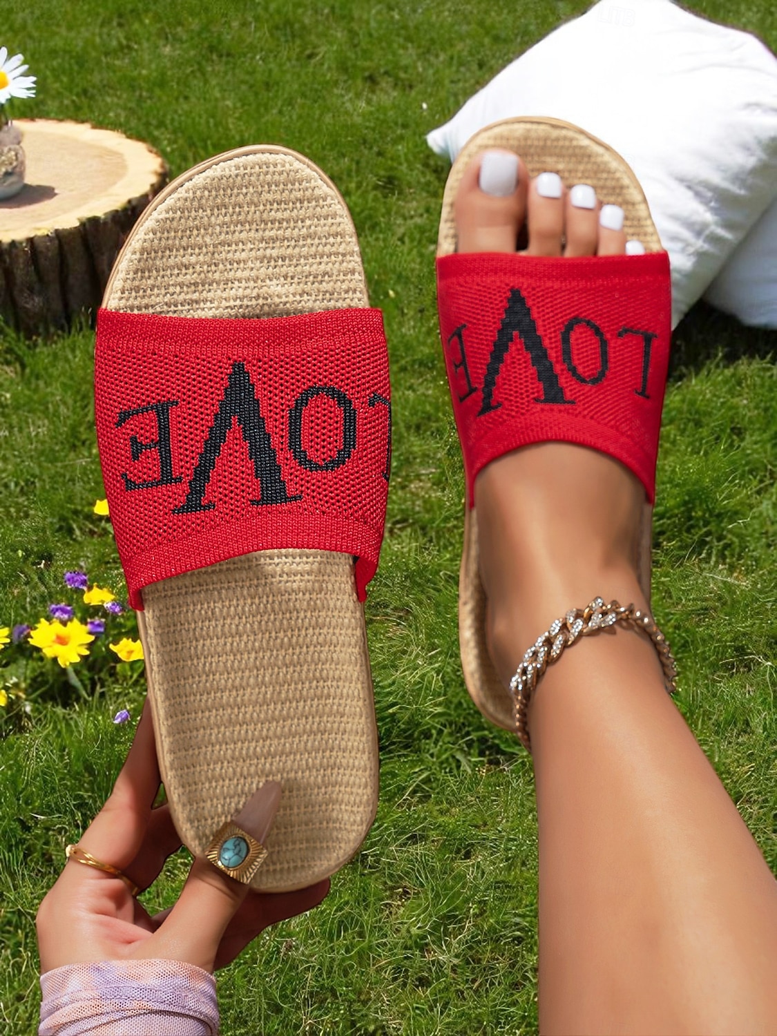 Women's Flyknit Slide Sandals - Red "LOVE" Graphic, Casual Slip-On Design, Perfect for Beach Days and Casual Outings 2025 - $18.99 –P2
