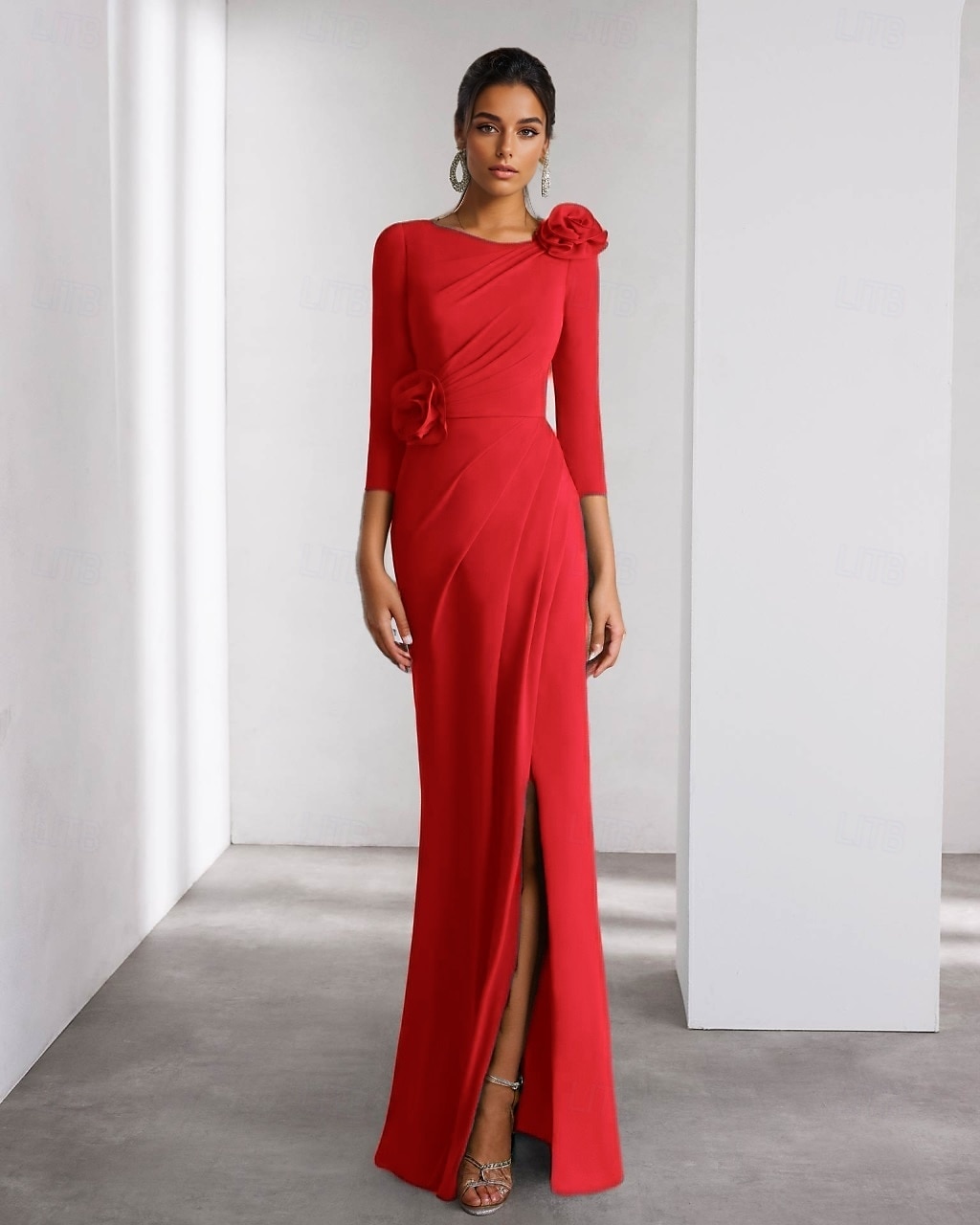 A-Line Evening Gown Elegant Dress Formal Wedding Floor Length Long Sleeve Crew Neck Detachable Stretch Crepe with Shouder Flower 2025 - $125.99 –P6