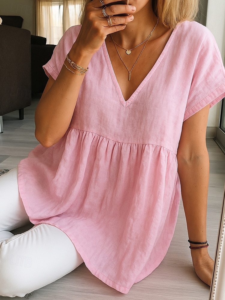 Damen Sommer Tops Casual Kurzarm V-Ausschnitt Regular Tops Hellgrün Rosa Rot Staubblau Sommerhemd Bluse Baumwolle Leinen Hemden Einfarbig Basic Modern Shirt 2025 - $23.99 –P3