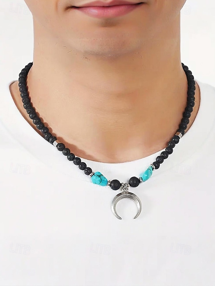 Men's Lava Rock Beaded Necklace with Turquoise and Crescent Moon Pendant - Boho Style, Adjustable Length, Unisex for Casual Wear, Outdoor and Daily Use 2025 - $9.99 –P2