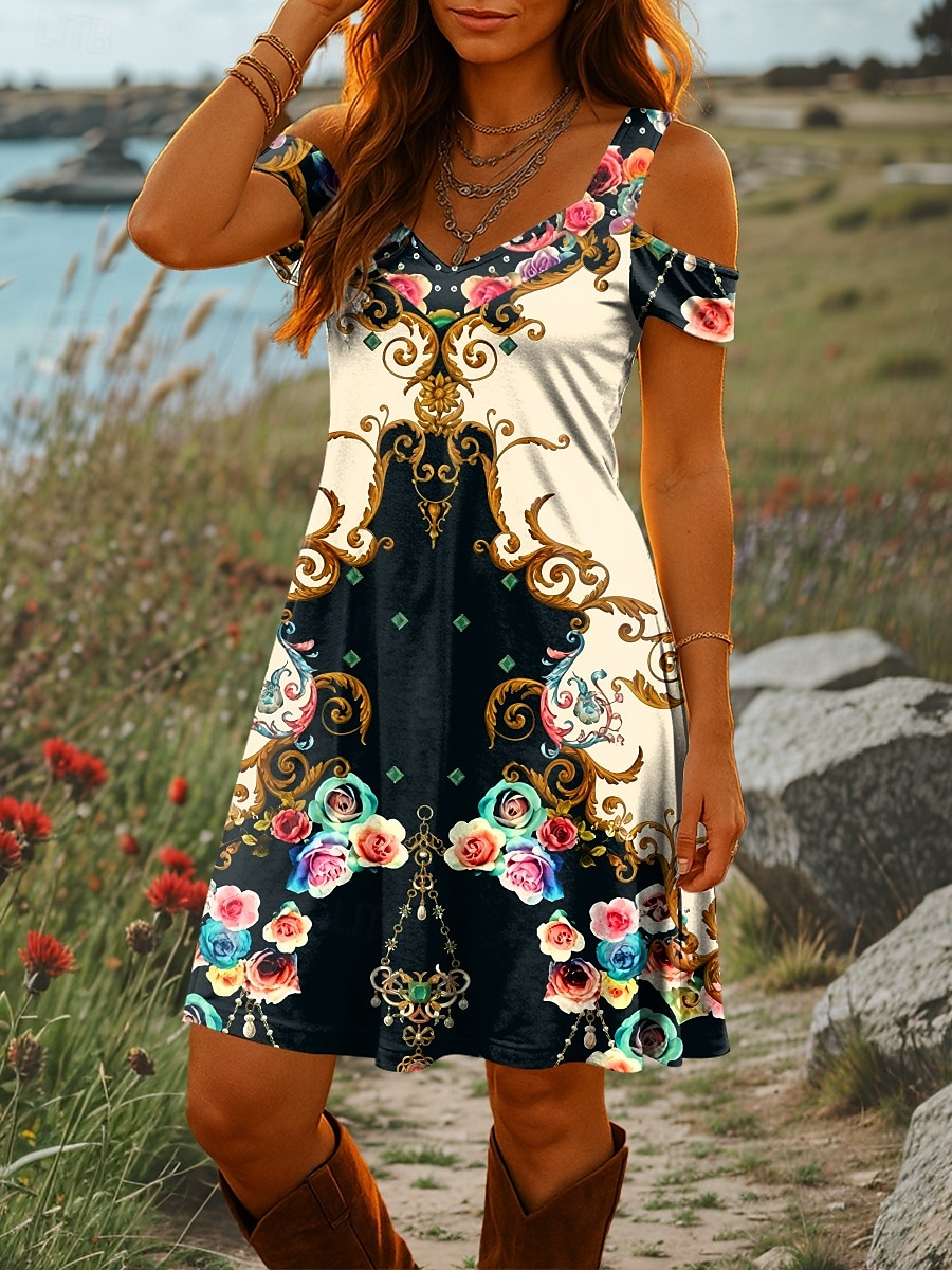 Dame Mini kjole Kjole med A-linje Sommerkjole Ferie Fritid Daglig Ferie Normal Blomstret Grafisk Stamme Kortermet V-hals Gul Blå Lilla Sommer 2025 - $29.99 –P1