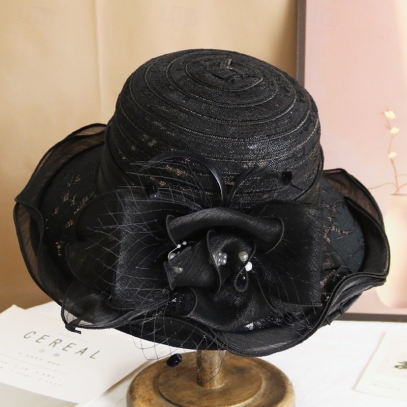Cappello Donna In Organza Con Fiori - Tesa Larga - Per Chiesa, Matrimonio, Derby E Tea Party