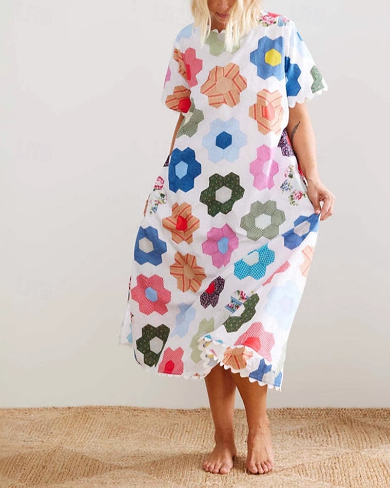 Pentru femei Rochie Lunga Rochie Maxi Rochii de in bumbac Rochie casual Modă În aer liber Petrecere Concediu Fit regulat Floare Manșon scurt Stil Nautic Alb Vară 2025 - $38.99 –P1