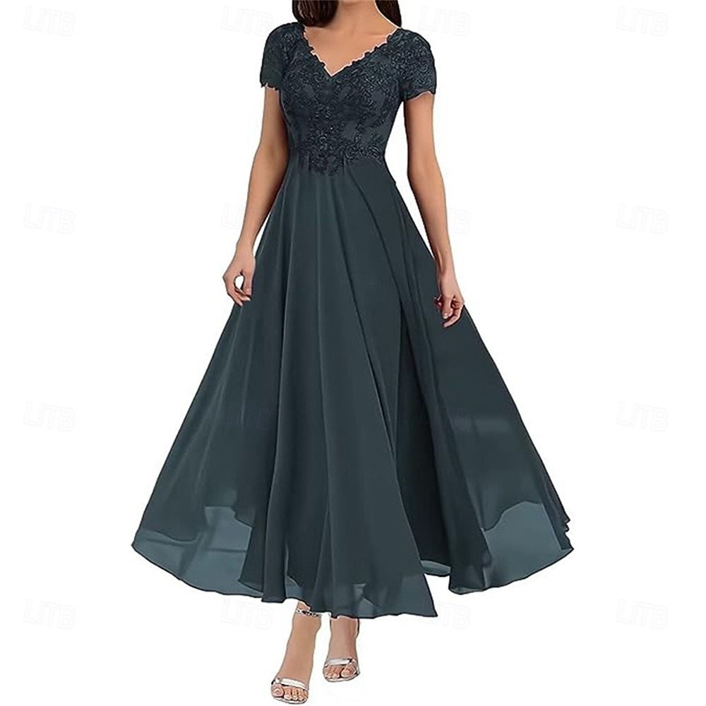 A-Linie Brautmutterkleid Elegant V Ausschnitt Bodenlang Polyester Kurzarm mit Einfarbig 2025 2025 - $119.99 –P18