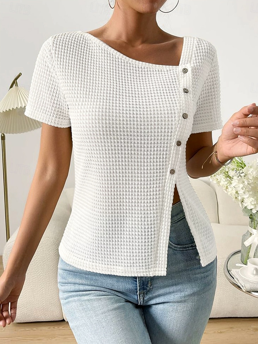 Dames Overhemd Effen Basic Casual Korte mouw Assymmetrisch V-hals Normale tops Dagelijks Knop Asymmetrisch Wit Rood Paars Zomer 2025 - $19.99 –P1