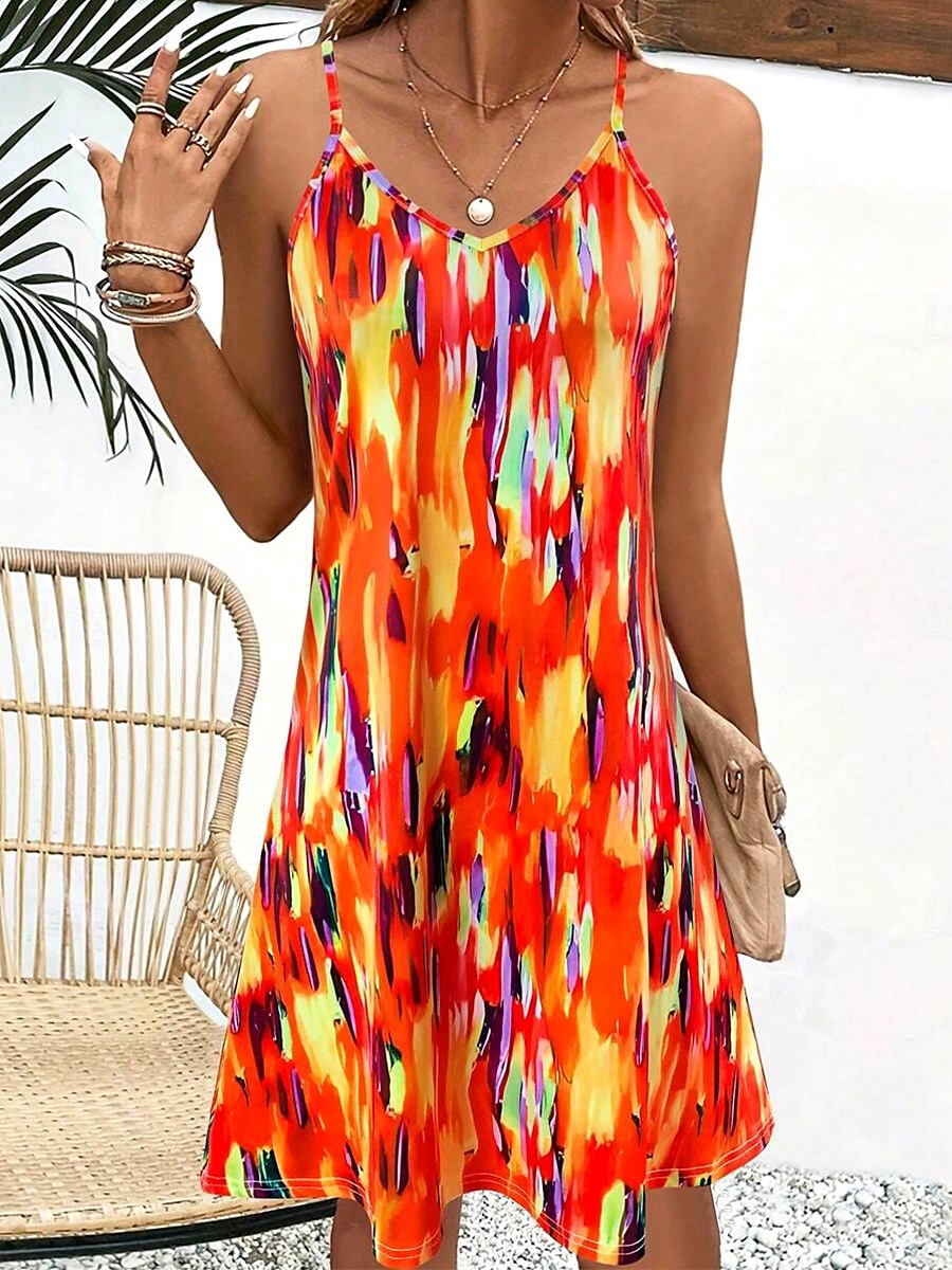 Femmes Mini Robe Robe trapèze Robe d'été Robe Nuisette Vacances Occasionnel Coupe régulière Graphique Bloc de Couleur Abstrait Sans manches Col en V Bleu Orange Été Printemps de 2025 ? $21.99 –P3