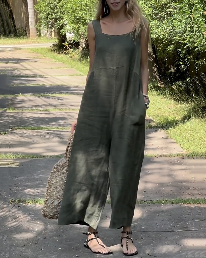Dámské overaly inspirované lnem, kalhoty, sváteční, jednobarevné, bez rukávů, široké nohavice, kapsy, pouliční, denní, regular střih, bílá, oranžová, zelená, léto 2025 - zł155.99 –P5