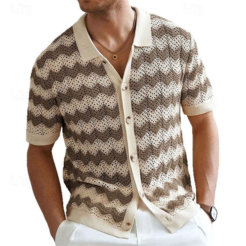 Férfi Button Up Polos Golfing Hétköznapi Sport Hajtóka Rövid ujjú Divat Alap Vonalak / hullámok Gombok Nyár Sárga Kék Barna Button Up Polos 2025 - €26.36 –P9