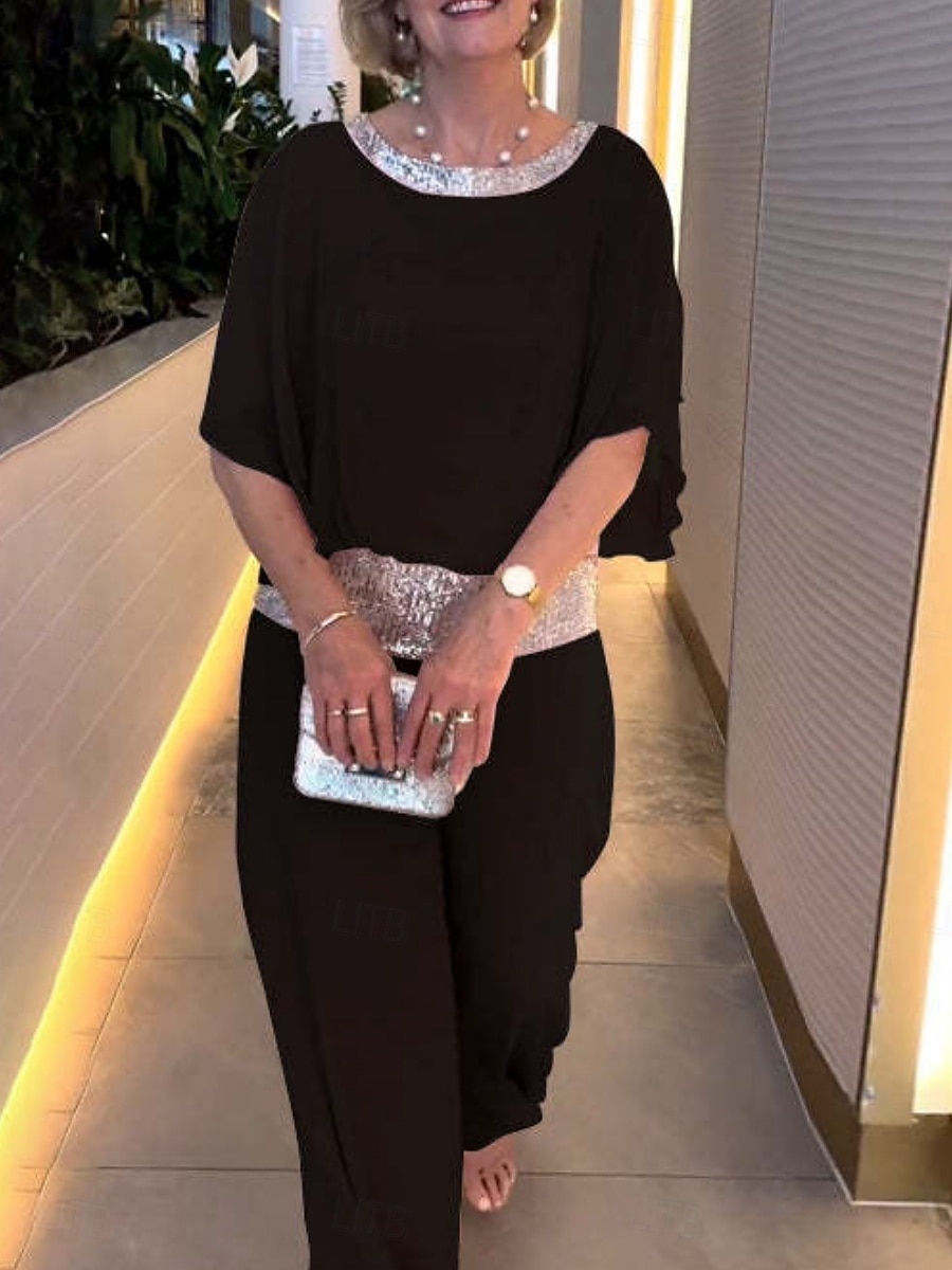 Ensembles de pantalons de mode 2 pièces pour femmes vêtements de rue quotidiens manches 3/4 col rond couleur unie sequins patchwork décontracté quotidien noir blanc rose été coupe régulière de 2025 ? $37.99 –P9