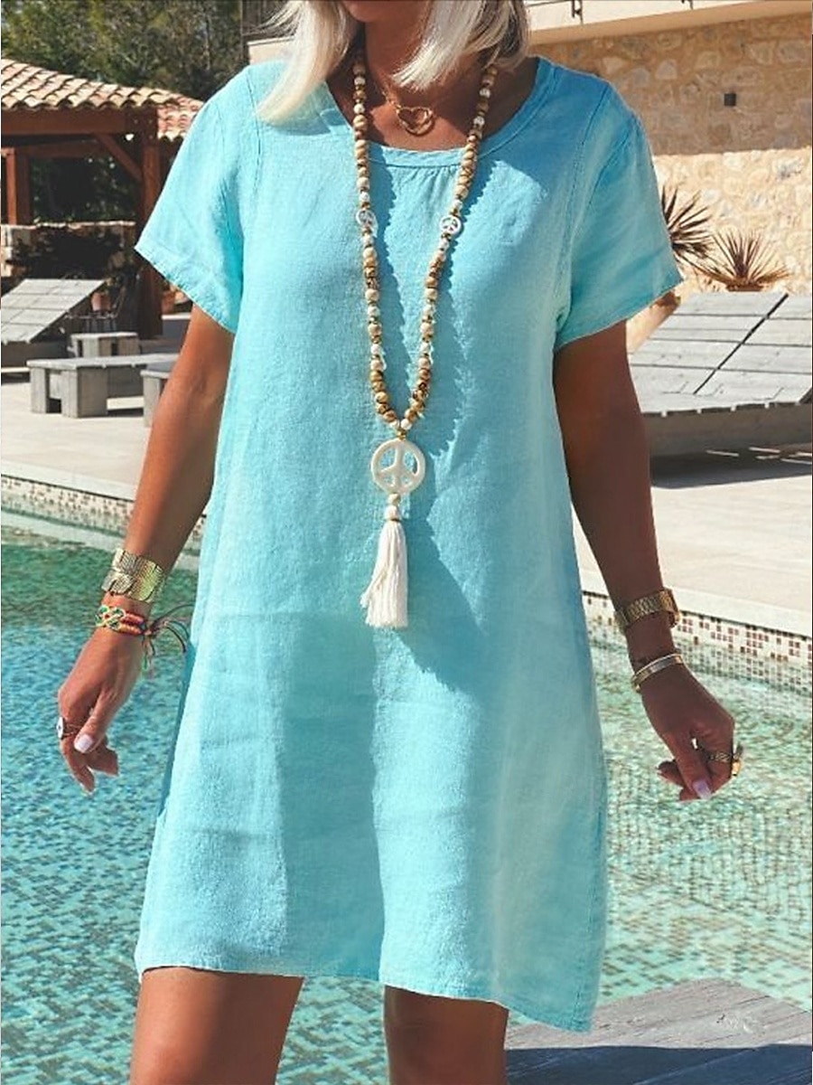 Women's Mini Dress White Dress Cotton Linen Dress Vacation Casual Holiday Form Fit Plain Short Sleeve Crew Neck White Light Blue Summer Spring 2025 - $18.99 –P2