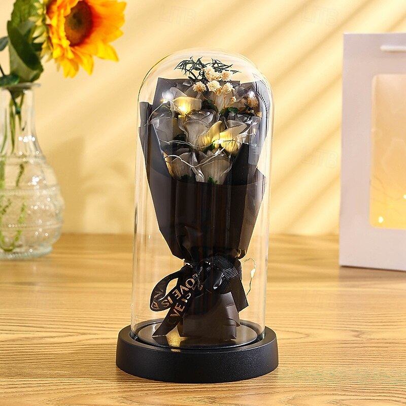 El ramo de rosas eternas, regalo para mamá, flores de jabón preservadas en cúpula de vidrio con luz, decoración de cumpleaños del día de la madre para mujeres 2026 - $15.99 –P13