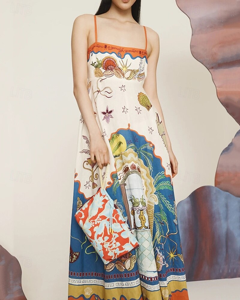 Women's Long Dress Maxi Dress Cotton Linen Dresses Casual Dress Fashion Outdoor Party Holiday Regular Fit Color Block Sleeveless Spaghetti Strap Orange Summer 2025 - $38.99 –P1