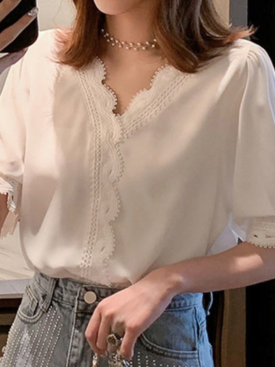 Damen Bluse Einfarbig Stilvoll Basic Lässig Kurzarm Hemdkragen Normale Oberteile Täglich Patchwork Knöpfe Spitzenbesatz Weiß Sommer 2025 - $13.99 –P5